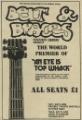 Advertisement for the world premiere of 'An Eye is Top Whack', a major musical based on the events surrounding the anniversary of the 1972 Miner's Strike, Crucible Theatre. Music by the Belt and Braces Roadshow Band 