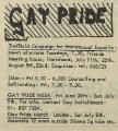 Advertisement for Gay Pride activities and organisations in Sheffield including Sheffield Campaign for Homosexual Equality, Gay Pride Week and the Gay Pride March (London)