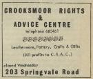 Avertisement for Crookesmoor Rights and Advice Centre (CRAC), No. 203 Springvale Road